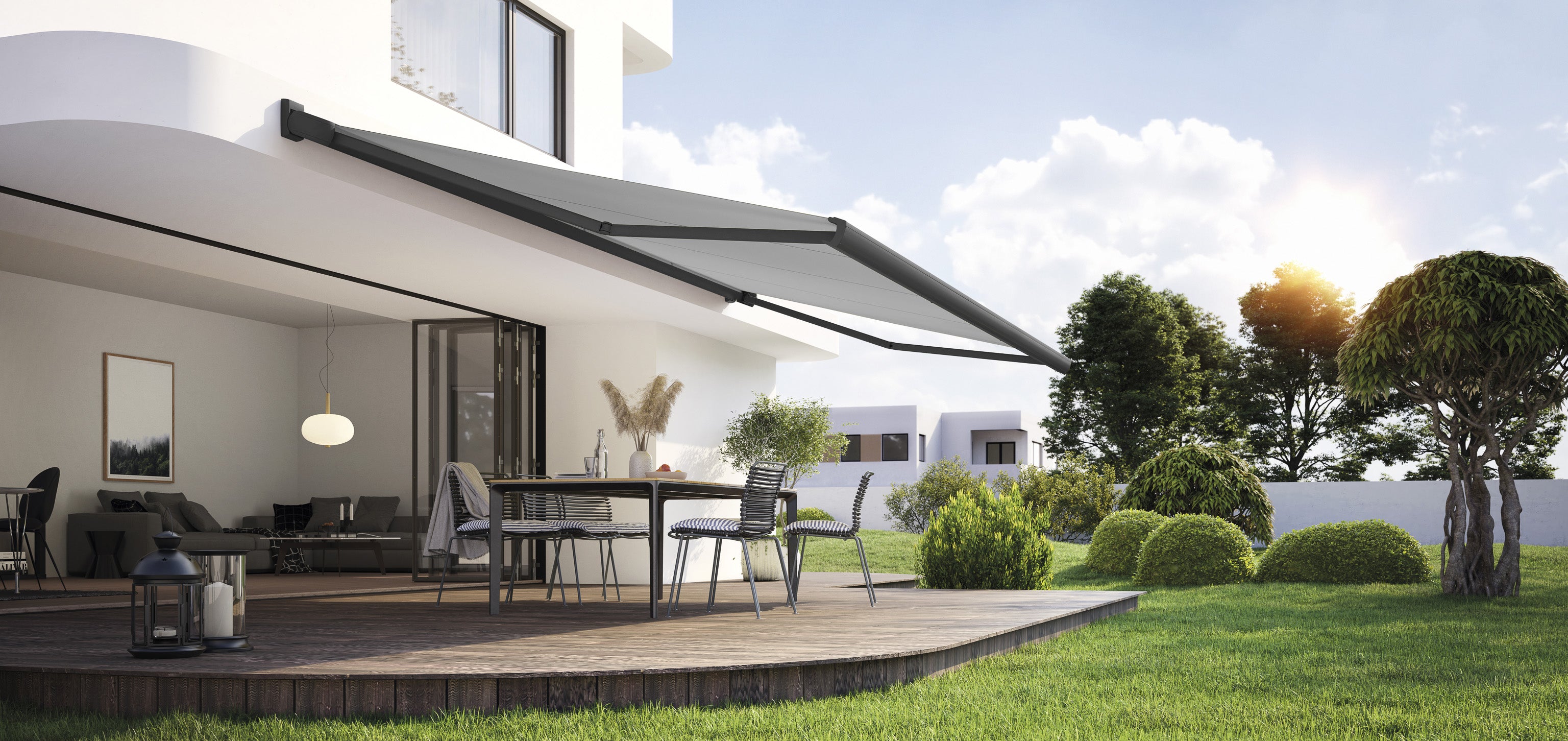 Terraszonwering met opgaande zon